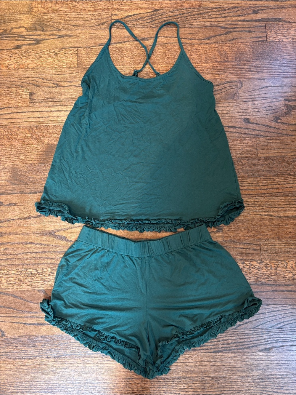 LAKE Pajamas first green ruffled tank and short set size small
